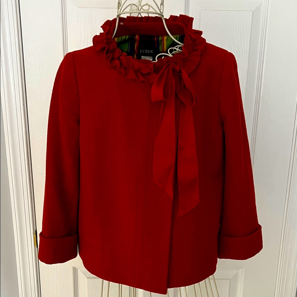 J. Crew Vibrant Red cropped Jacket with Ruffle and Bow